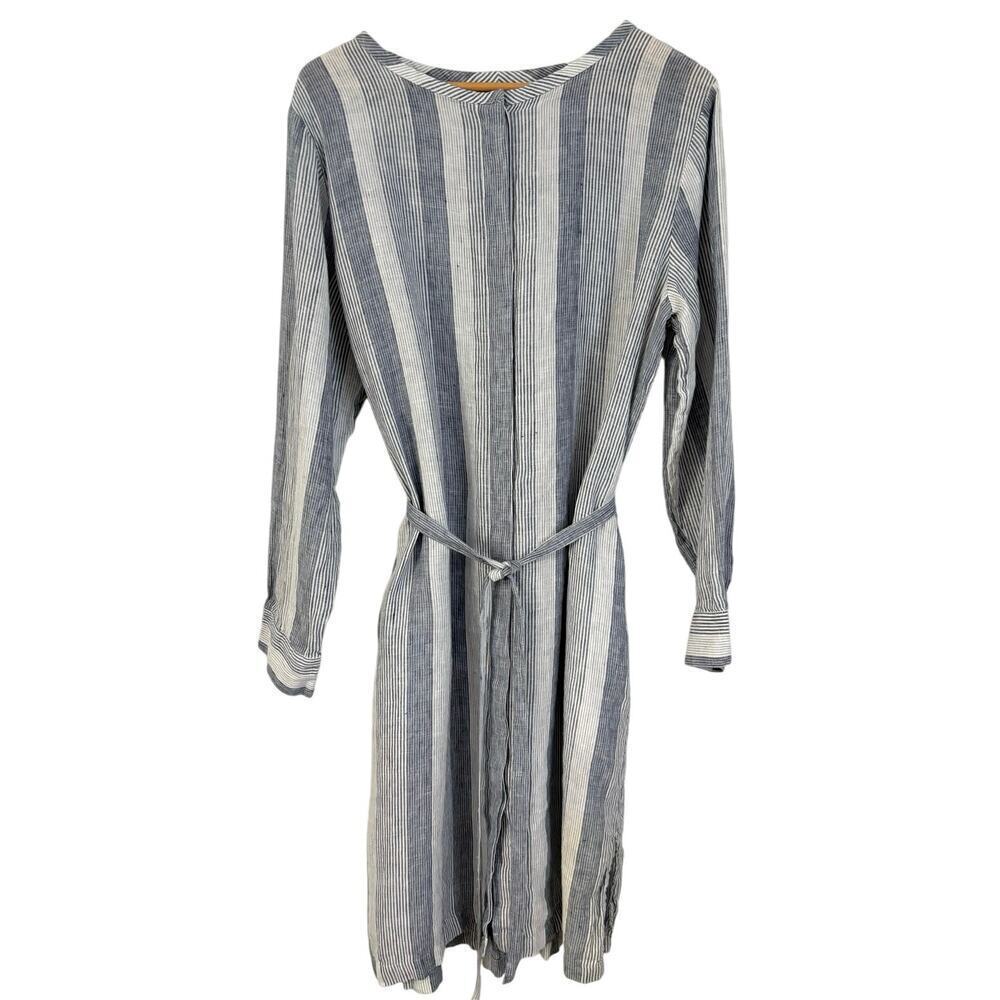 100% Linen Striped Blue & White Midi Dress with Tie Waist
